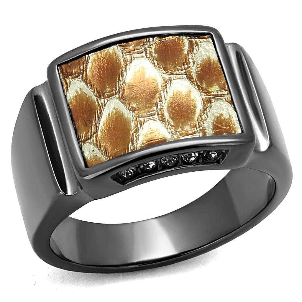 MATK2738 - IP Light Black  (IP Gun) Stainless Steel Ring with Leather  in Brown