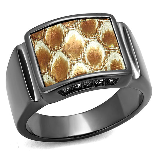 MATK2738 - IP Light Black  (IP Gun) Stainless Steel Ring with Leather  in Brown