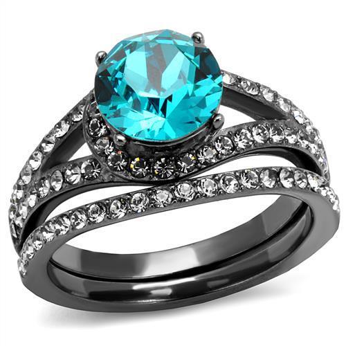 MATK2744 - IP Light Black  (IP Gun) Stainless Steel Ring with Top Grade Crystal  in Blue Zircon
