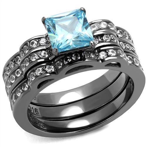 MATK2748 - IP Light Black  (IP Gun) Stainless Steel Ring with AAA Grade CZ  in Sea Blue