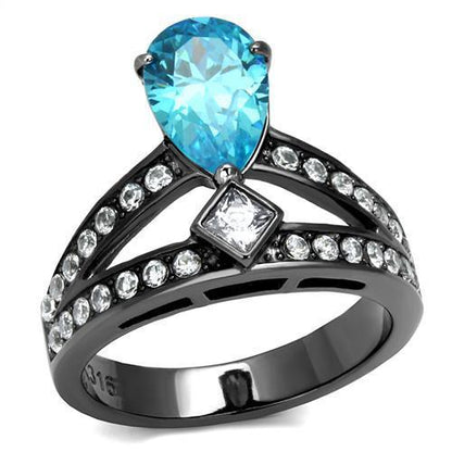 MATK2775 - IP Light Black  (IP Gun) Stainless Steel Ring with AAA Grade CZ  in Sea Blue
