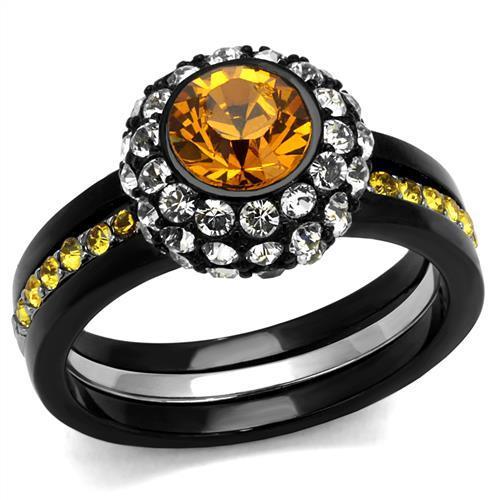 MATK2783 - Two-Tone IP Black (Ion Plating) Stainless Steel Ring with Top Grade Crystal  in Topaz