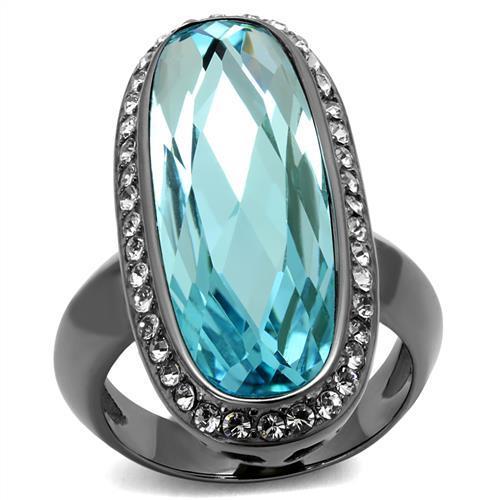MATK2804 - IP Light Black  (IP Gun) Stainless Steel Ring with Top Grade Crystal  in Sea Blue