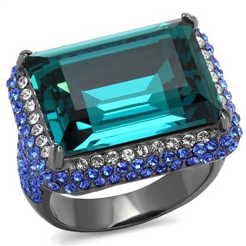 MATK2811 - IP Light Black  (IP Gun) Stainless Steel Ring with Top Grade Crystal  in Blue Zircon