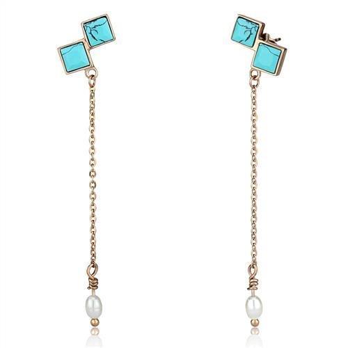 MATK2814 - IP Rose Gold(Ion Plating) Stainless Steel Earrings with Synthetic Turquoise in Sea Blue