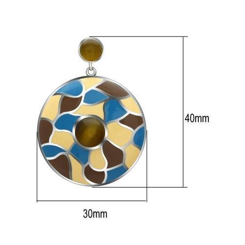 MATK281 - High polished (no plating) Stainless Steel Earrings with Synthetic Cat Eye in Brown