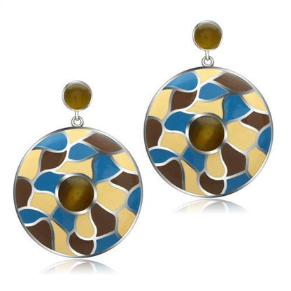 MATK281 - High polished (no plating) Stainless Steel Earrings with Synthetic Cat Eye in Brown