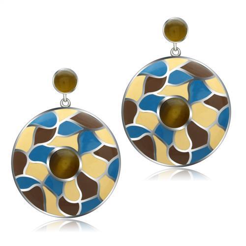 MATK281 - High polished (no plating) Stainless Steel Earrings with Synthetic Cat Eye in Brown