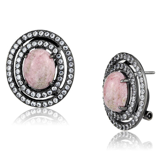 MATK2822 - IP Light Black  (IP Gun) Stainless Steel Earrings with Semi-Precious Coral in Light Rose