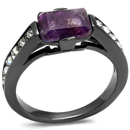 MATK2832 - IP Light Black  (IP Gun) Stainless Steel Ring with Precious Stone Amethyst Crystal in Amethyst