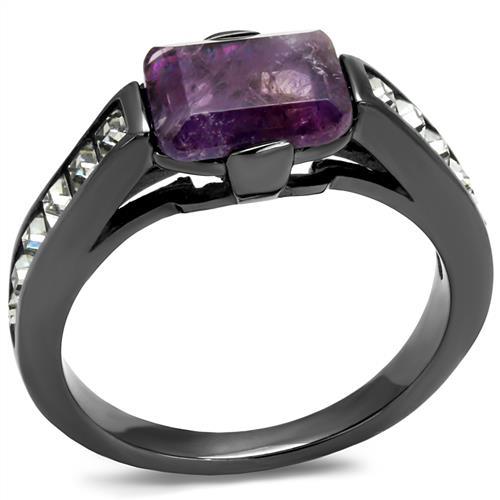 MATK2832 - IP Light Black  (IP Gun) Stainless Steel Ring with Precious Stone Amethyst Crystal in Amethyst