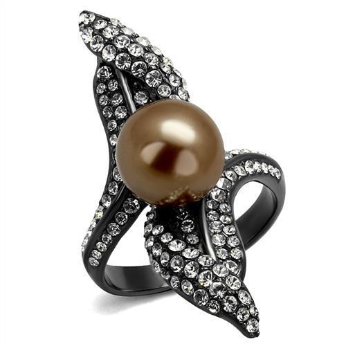 MATK2834 - IP Light Black  (IP Gun) Stainless Steel Ring with Synthetic Pearl in Brown