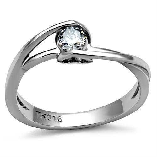 MATK2835 - High polished (no plating) Stainless Steel Ring with AAA Grade CZ  in Clear