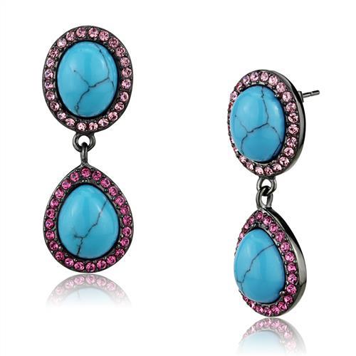 MATK2847 - IP Light Black  (IP Gun) Stainless Steel Earrings with Synthetic Turquoise in Sea Blue