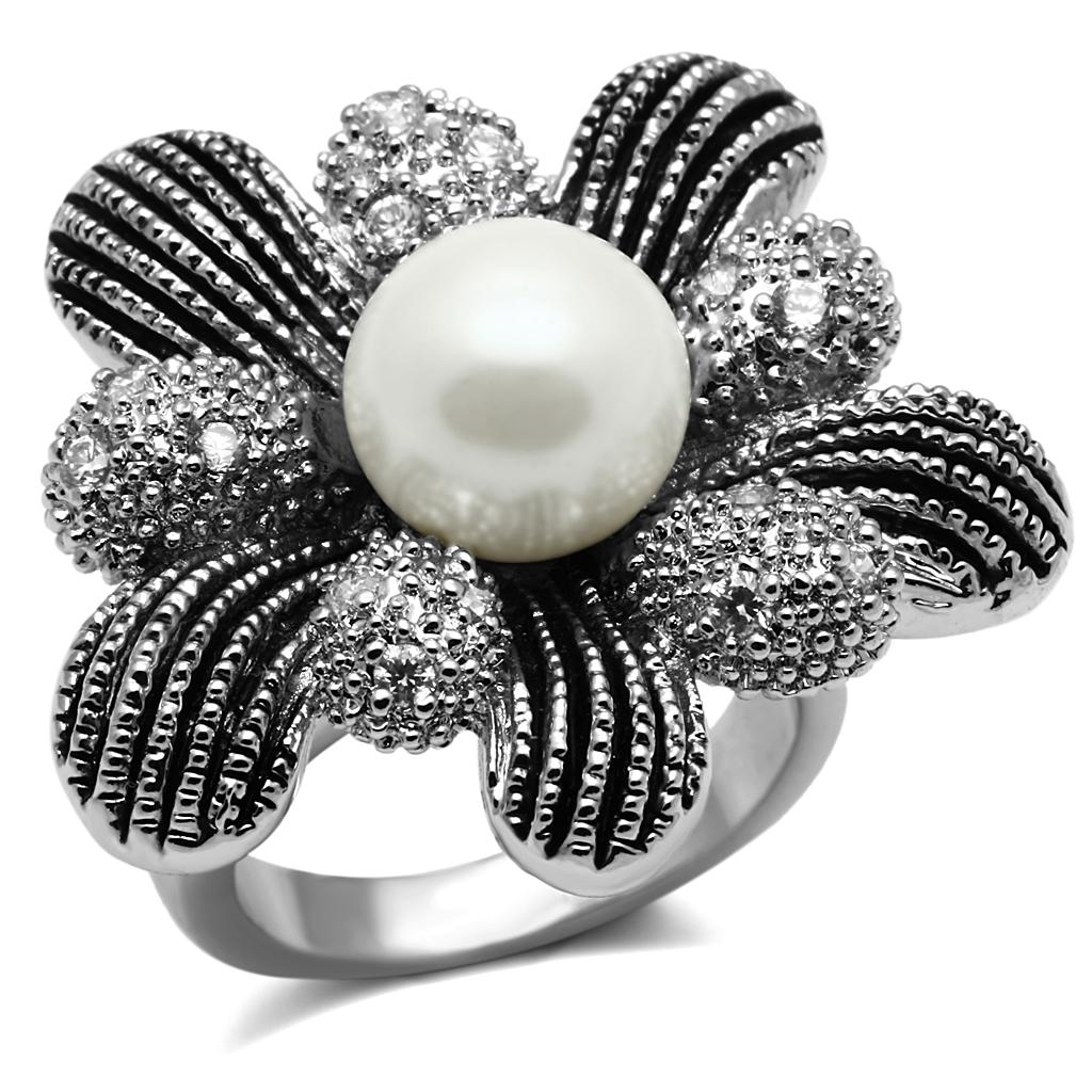 MATK2877 - High polished (no plating) Stainless Steel Ring with Synthetic Pearl in White
