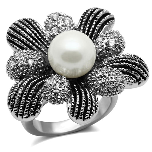 MATK2877 - High polished (no plating) Stainless Steel Ring with Synthetic Pearl in White