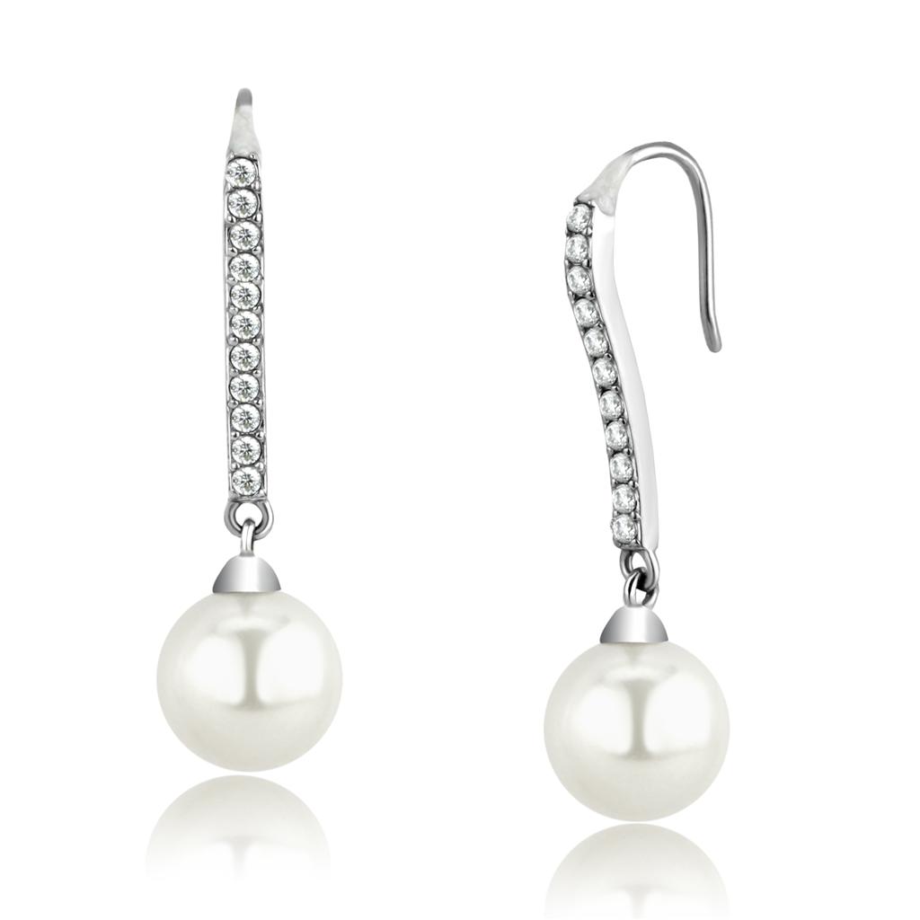 MATK2884 - High polished (no plating) Stainless Steel Earrings with Synthetic Pearl in White