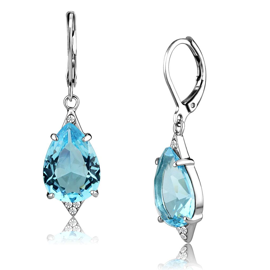 MATK2887 - High polished (no plating) Stainless Steel Earrings with Synthetic Synthetic Glass in Sea Blue
