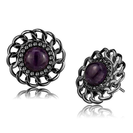 MATK2889 - IP Light Black  (IP Gun) Stainless Steel Earrings with Semi-Precious Amethyst Crystal in Amethyst