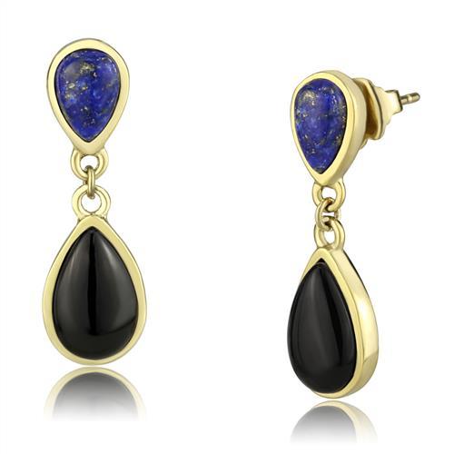 MATK2893 - IP Gold(Ion Plating) Stainless Steel Earrings with Semi-Precious Onyx in Jet