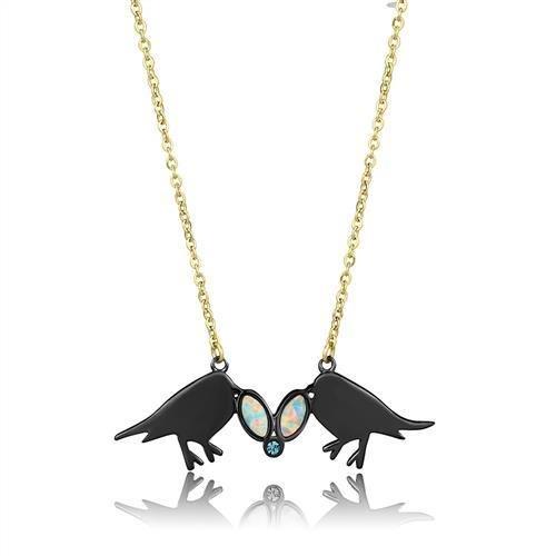 MATK2895 - IP Gold+ IP Black (Ion Plating) Stainless Steel Necklace with Semi-Precious Opal in Aurora Borealis (Rainbow Effect)