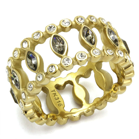 MATK2907 - IP Gold(Ion Plating) Stainless Steel Ring with Top Grade Crystal  in Black Diamond