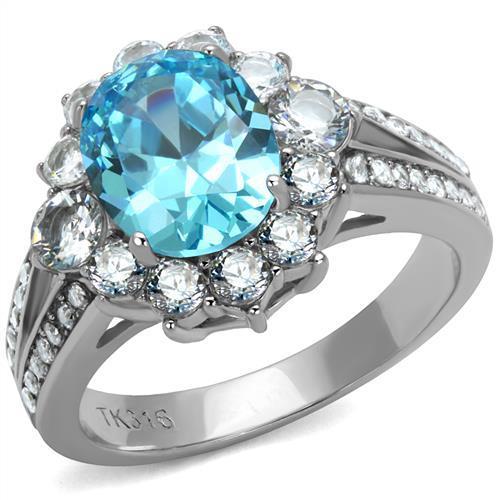 MATK2977 - High polished (no plating) Stainless Steel Ring with AAA Grade CZ  in Sea Blue