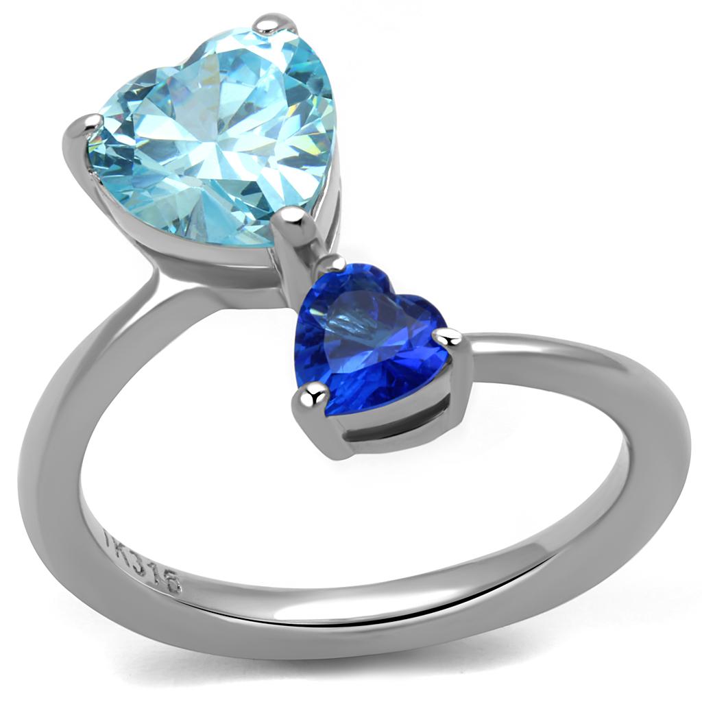 MATK2980 High polished (no plating) Stainless Steel Ring with AAA Grade CZ in Sea Blue