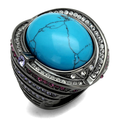 MATK2983 - IP Light Black  (IP Gun) Stainless Steel Ring with Synthetic Turquoise in Sea Blue