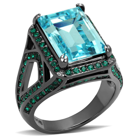 MATK2988 - IP Light Black  (IP Gun) Stainless Steel Ring with Top Grade Crystal  in Sea Blue