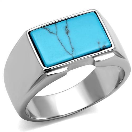 MATK3000 - High polished (no plating) Stainless Steel Ring with Synthetic Imitation Amber  in Sea Blue