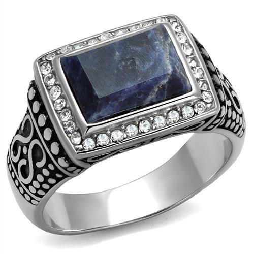 MATK3003 - High polished (no plating) Stainless Steel Ring with Semi-Precious Sodalite in Capri Blue