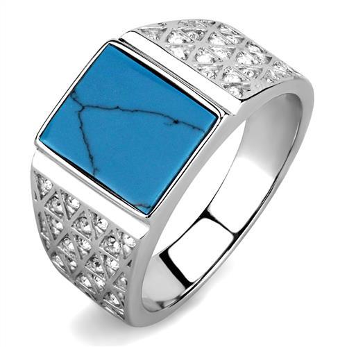 MATK3004 - High polished (no plating) Stainless Steel Ring with Synthetic Turquoise in Sea Blue