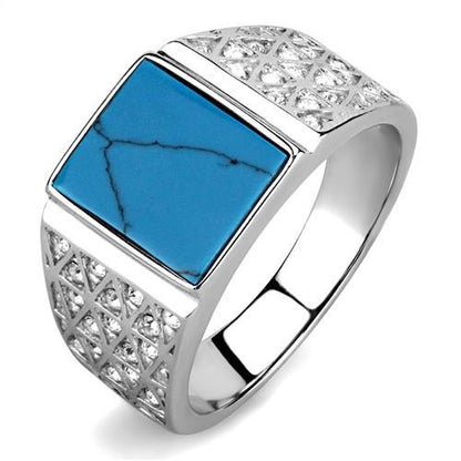 MATK3004 - High polished (no plating) Stainless Steel Ring with Synthetic Turquoise in Sea Blue