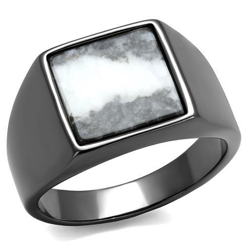 MATK3005 - IP Light Black  (IP Gun) Stainless Steel Ring with Semi-Precious Zebra Jasper in Gray