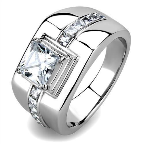 MATK3011 - High polished (no plating) Stainless Steel Ring with AAA Grade CZ  in Clear