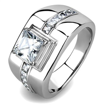 MATK3011 - High polished (no plating) Stainless Steel Ring with AAA Grade CZ  in Clear