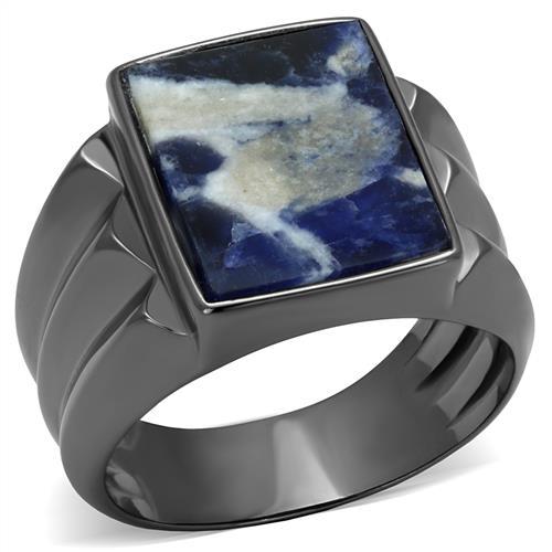 MATK3012 - IP Light Black  (IP Gun) Stainless Steel Ring with Semi-Precious Sodalite in Capri Blue