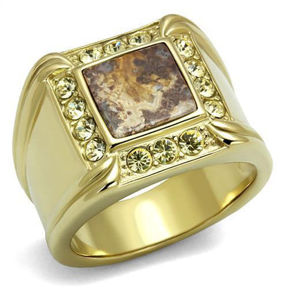 MATK3013 - IP Gold(Ion Plating) Stainless Steel Ring with Semi-Precious Oligoclase in Smoked Quartz