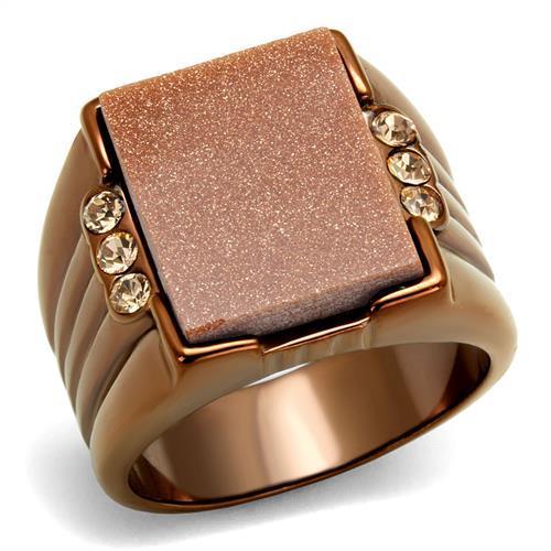 MATK3015 - IP Coffee light Stainless Steel Ring with Semi-Precious Gold Sand Stone in Siam
