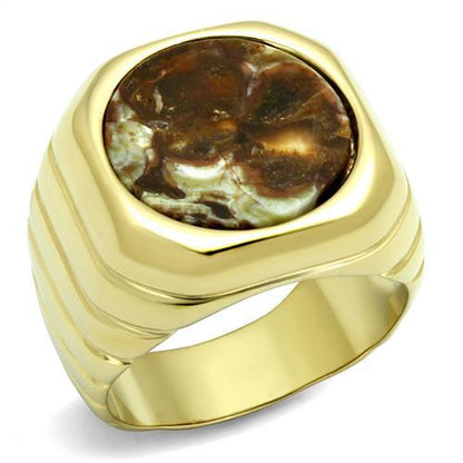 MATK3017 - IP Gold(Ion Plating) Stainless Steel Ring with Semi-Precious Oligoclase in Smoked Quartz