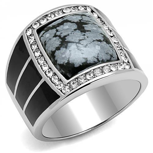 MATK3042 - High polished (no plating) Stainless Steel Ring with Semi-Precious Snowflake Obsidian in Jet