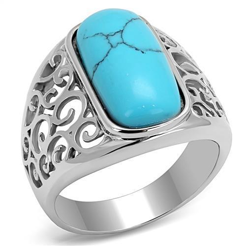 MATK3043 - High polished (no plating) Stainless Steel Ring with Synthetic Turquoise in Sea Blue