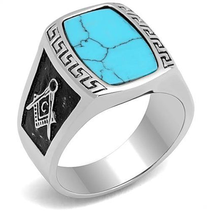 MATK3044 - High polished (no plating) Stainless Steel Ring with Synthetic Turquoise in Sea Blue