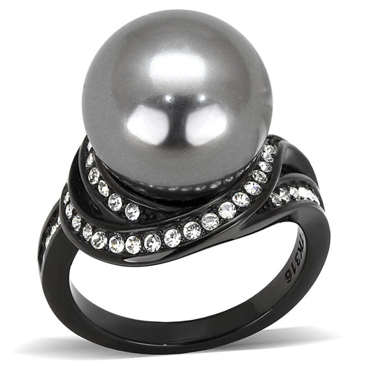 MATK3052 - IP Black(Ion Plating) Stainless Steel Ring with Synthetic Pearl in Gray