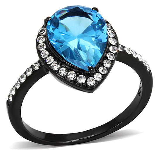MATK3057 - IP Black(Ion Plating) Stainless Steel Ring with Synthetic Synthetic Glass in Sea Blue