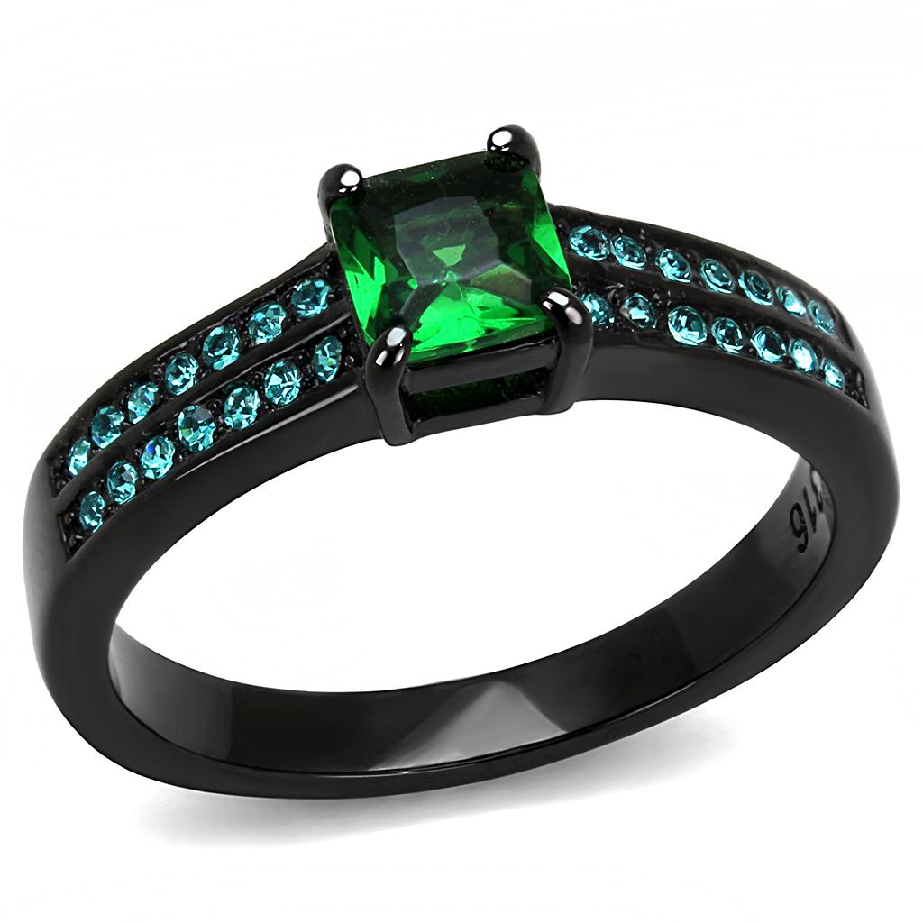 MATK3064 - IP Black(Ion Plating) Stainless Steel Ring with Synthetic Synthetic Glass in Emerald