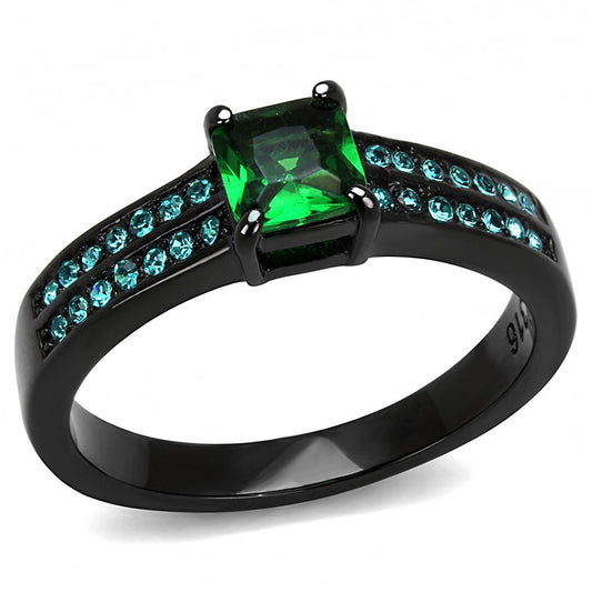 MATK3064 - IP Black(Ion Plating) Stainless Steel Ring with Synthetic Synthetic Glass in Emerald