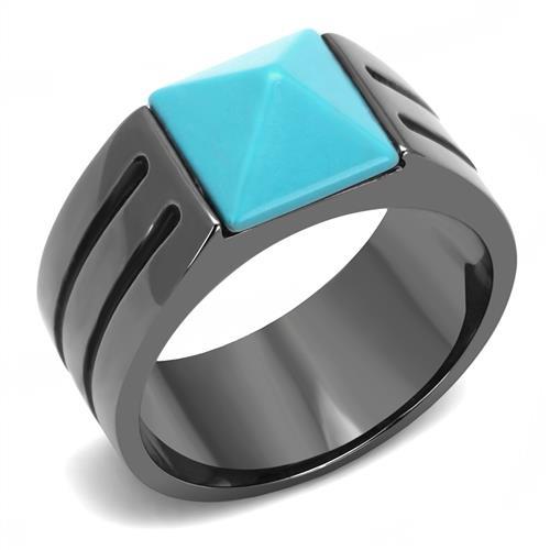 MATK3074 - IP Light Black  (IP Gun) Stainless Steel Ring with Synthetic Turquoise in Sea Blue