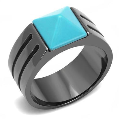 MATK3074 - IP Light Black  (IP Gun) Stainless Steel Ring with Synthetic Turquoise in Sea Blue